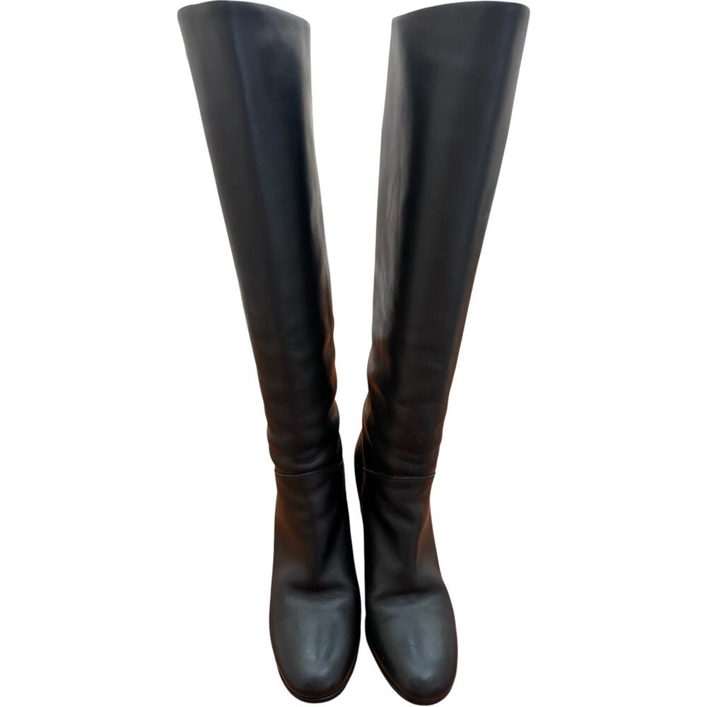 CHANEL Tall Black Leather Knee High Boots Size 38 CC Logo Block Heel - Picture 4 of 16